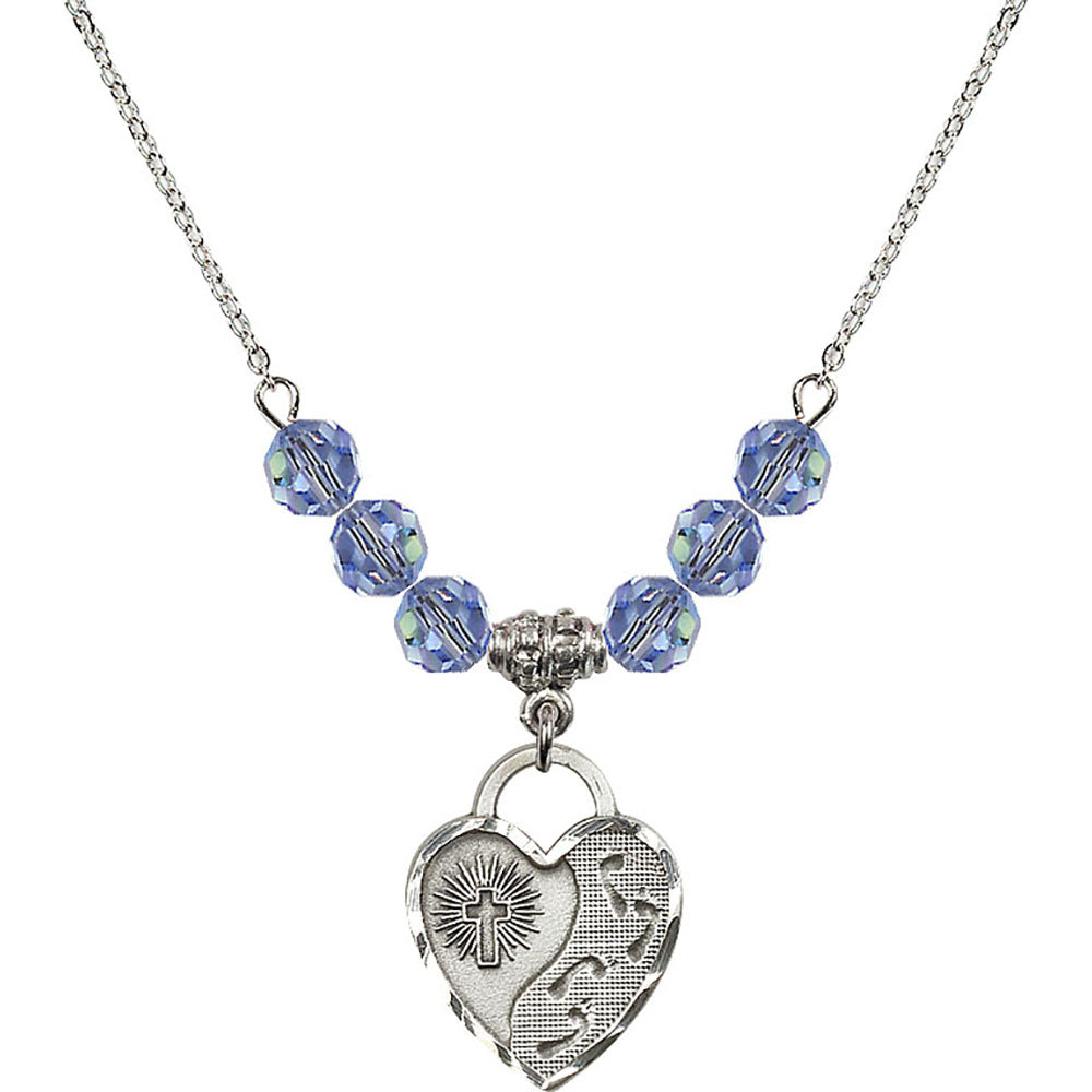 Sterling Silver Footprints Heart Birthstone Necklace with Light Sapphire Beads - 3207
