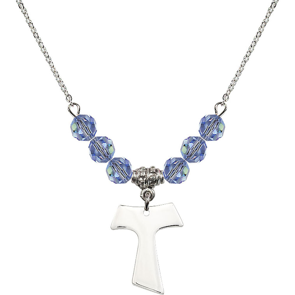 Sterling Silver Tau Cross Birthstone Necklace with Light Sapphire Beads - 3948