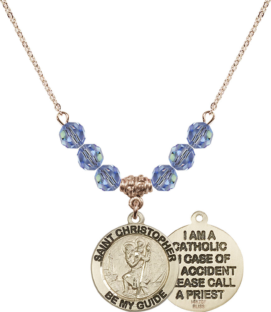 14kt Gold Filled Saint Christopher Birthstone Necklace with Light Sapphire Beads - 4049