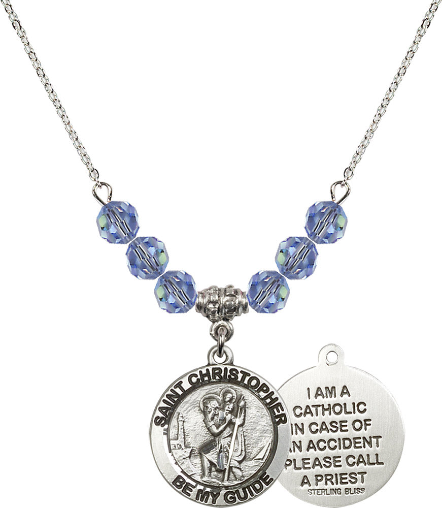 Sterling Silver Saint Christopher Birthstone Necklace with Light Sapphire Beads - 4049