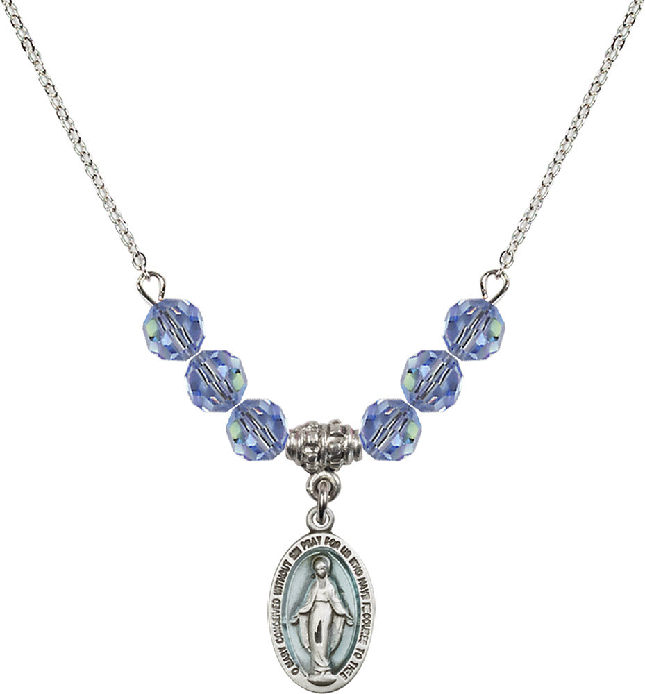Sterling Silver Miraculous Birthstone Necklace with Light Sapphire Beads - 4122