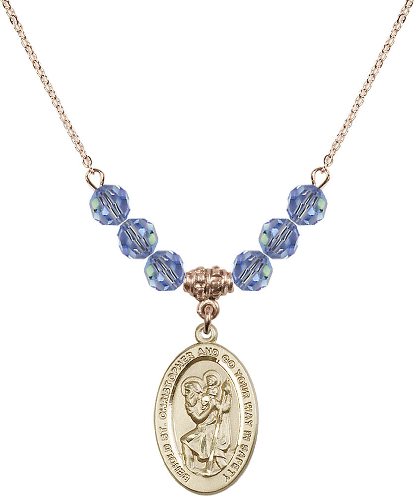 14kt Gold Filled Saint Christopher Birthstone Necklace with Light Sapphire Beads - 4123
