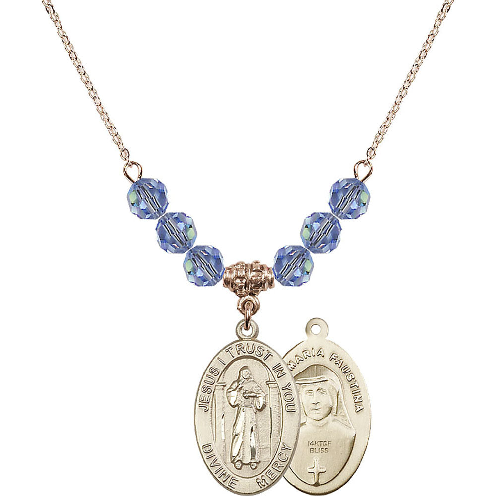 14kt Gold Filled Divine Mercy Birthstone Necklace with Light Sapphire Beads - 4123