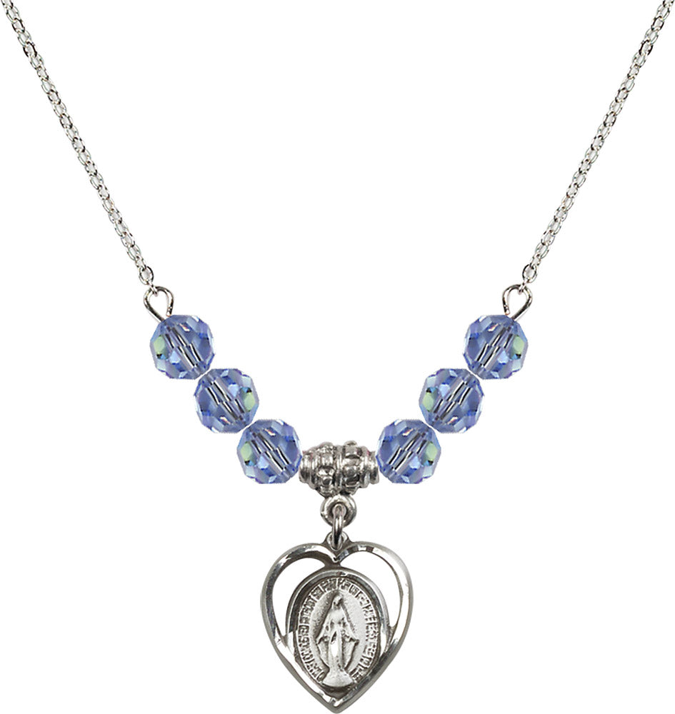 Sterling Silver Miraculous Birthstone Necklace with Light Sapphire Beads - 4125