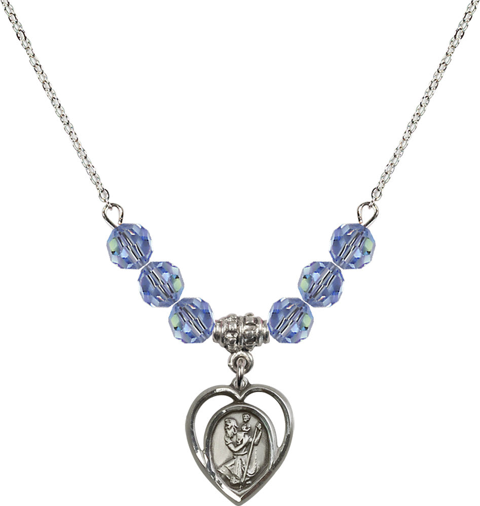 Sterling Silver Saint Christopher Birthstone Necklace with Light Sapphire Beads - 4127