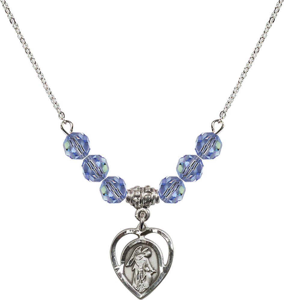 Sterling Silver Guardian Angel Birthstone Necklace with Light Sapphire Beads - 4129