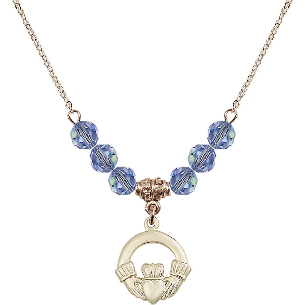 14kt Gold Filled Claddagh Birthstone Necklace with Light Sapphire Beads - 4138