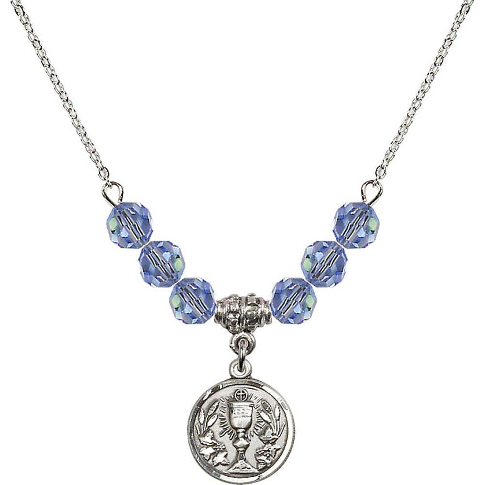 Sterling Silver Communion Chalice Birthstone Necklace with Light Sapphire Beads - 4203
