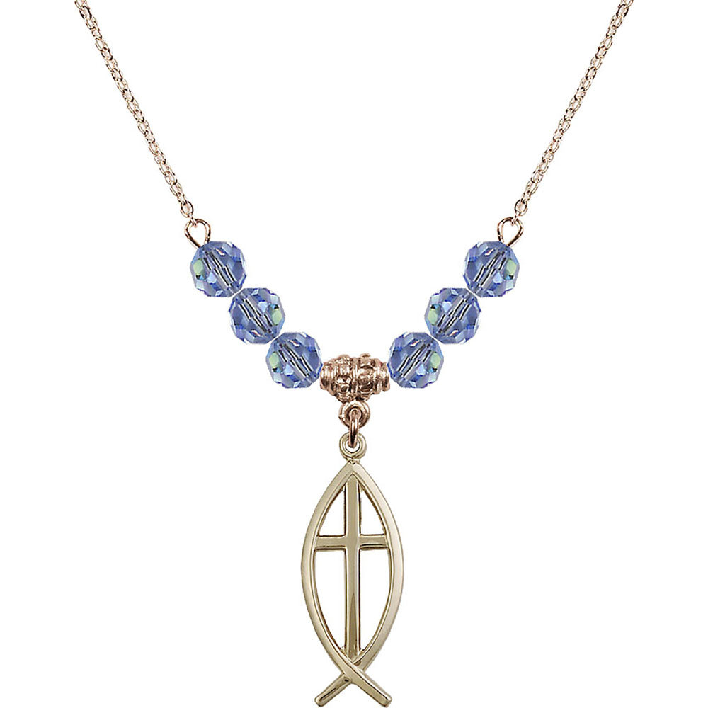 14kt Gold Filled Fish / Cross Birthstone Necklace with Light Sapphire Beads - 4252