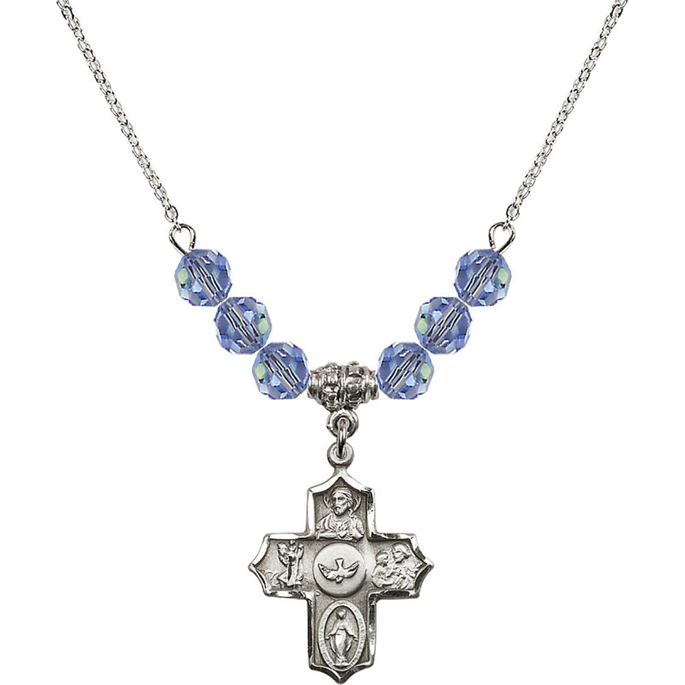 Sterling Silver 5-Way Birthstone Necklace with Light Sapphire Beads - 4255