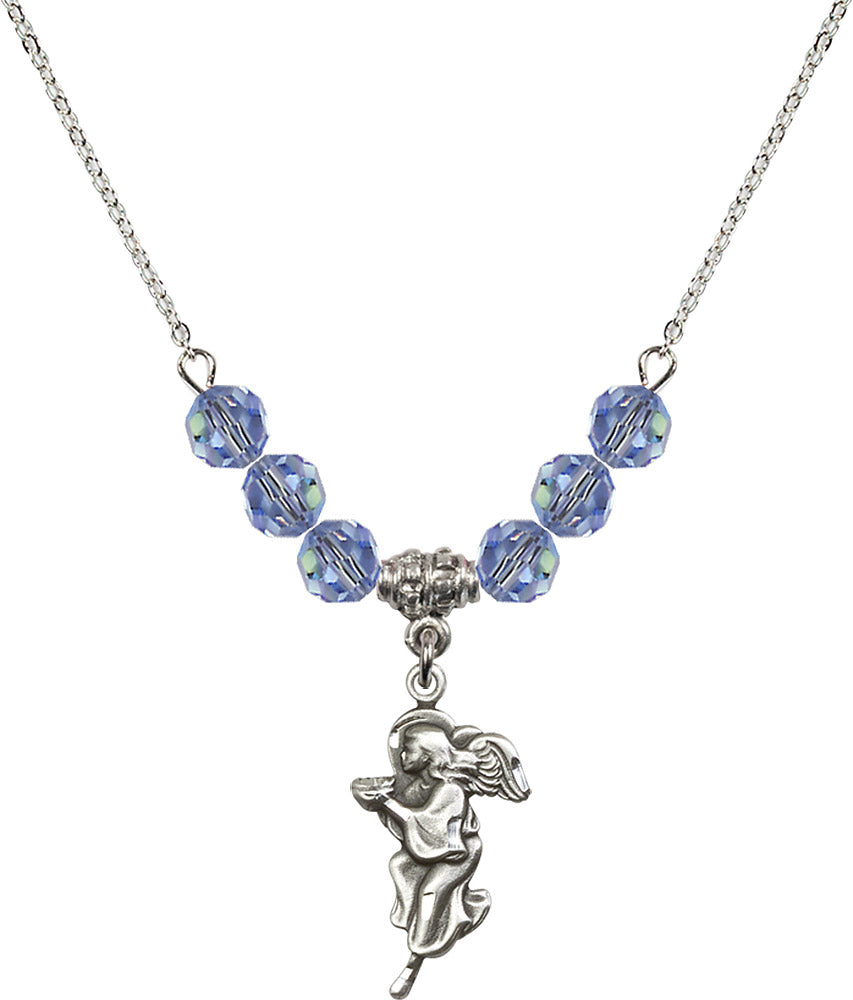 Sterling Silver Guardian Angel Birthstone Necklace with Light Sapphire Beads - 4260