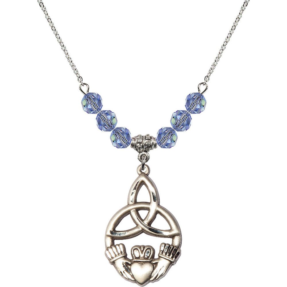 Sterling Silver Irish Knot / Claddagh Birthstone Necklace with Light Sapphire Beads - 5102