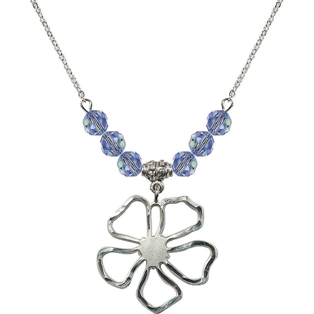 Sterling Silver Five Pedal Flower Birthstone Necklace with Light Sapphire Beads - 5109