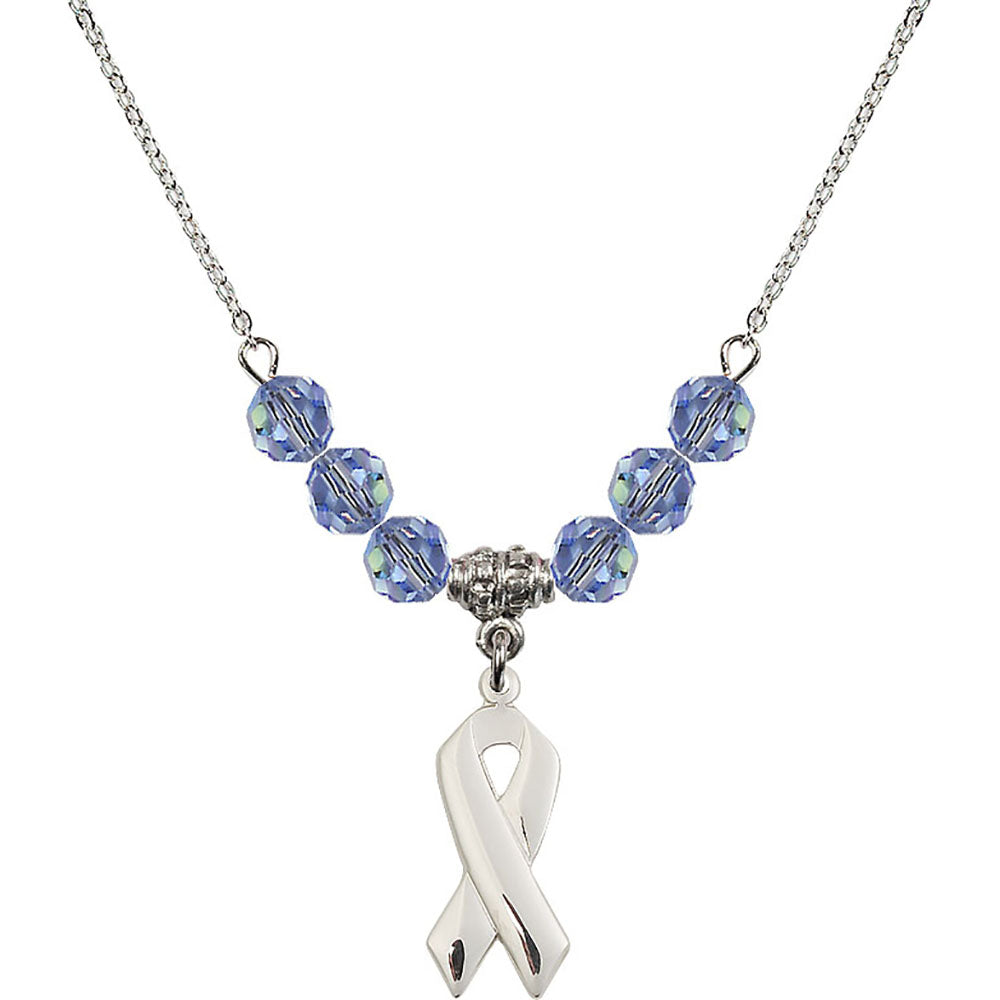 Sterling Silver Cancer Awareness Birthstone Necklace with Light Sapphire Beads - 5150
