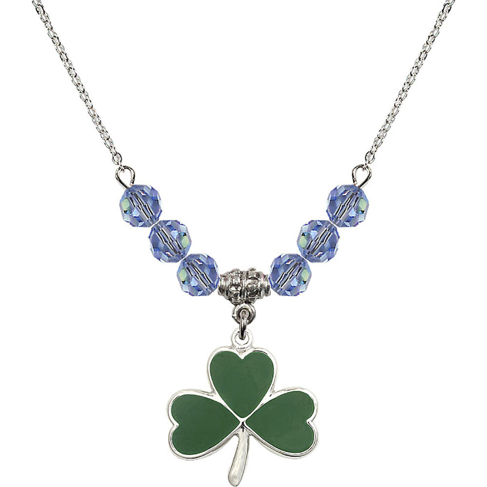 Sterling Silver Shamrock Birthstone Necklace with Light Sapphire Beads - 5248