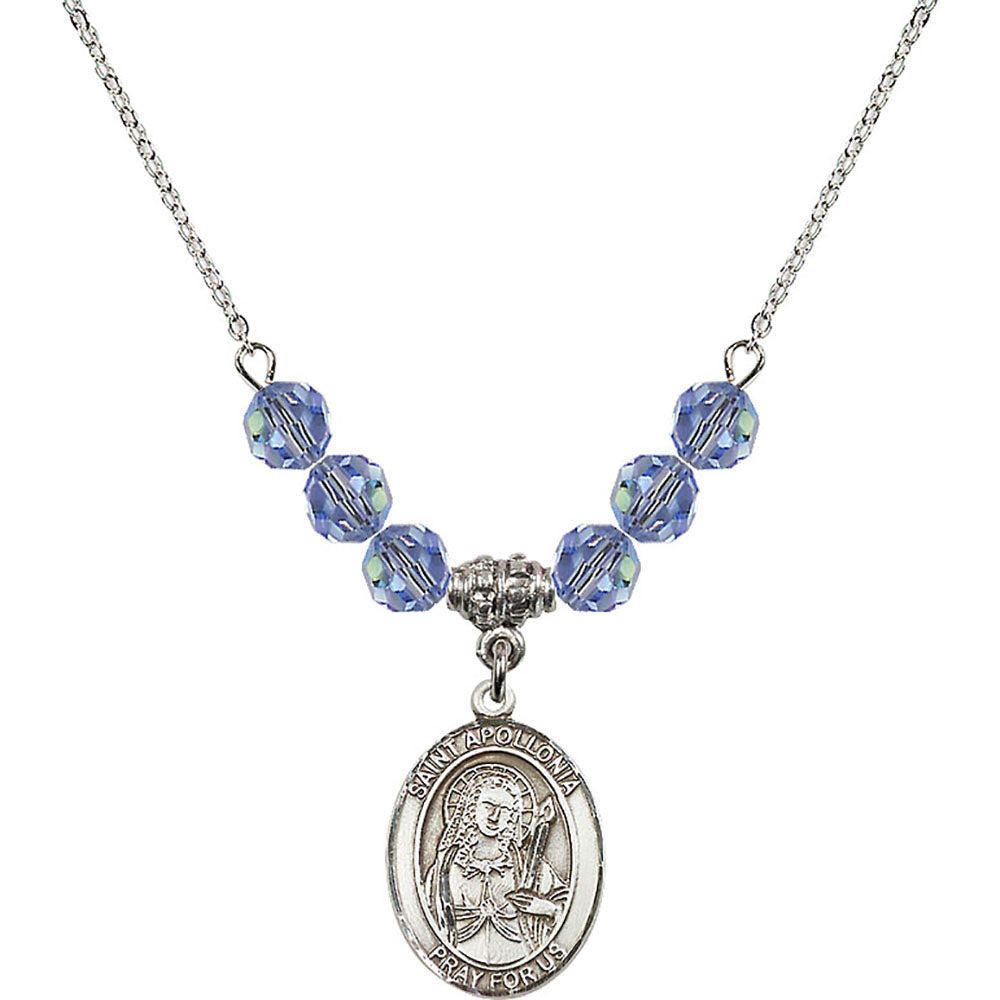 Sterling Silver Saint Apollonia Birthstone Necklace with Light Sapphire Beads - 8005