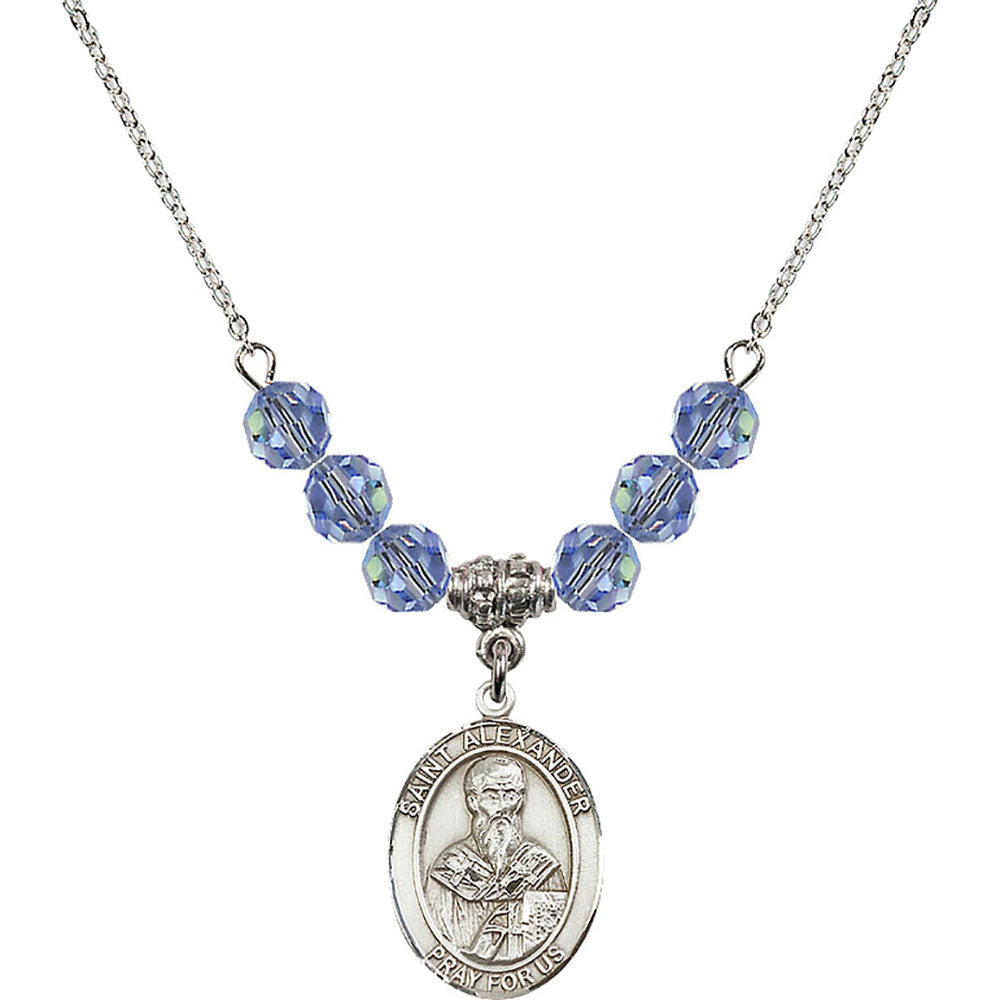 Sterling Silver Saint Alexander Sauli Birthstone Necklace with Light Sapphire Beads - 8012