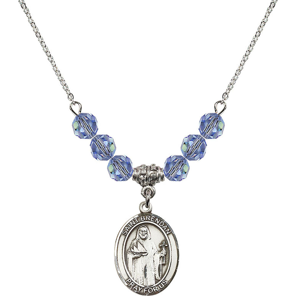 Sterling Silver Saint Brendan the Navigator Birthstone Necklace with Light Sapphire Beads - 8018