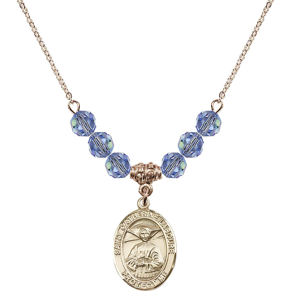 14kt Gold Filled Saint Catherine Laboure Birthstone Necklace with Light Sapphire Beads - 8021