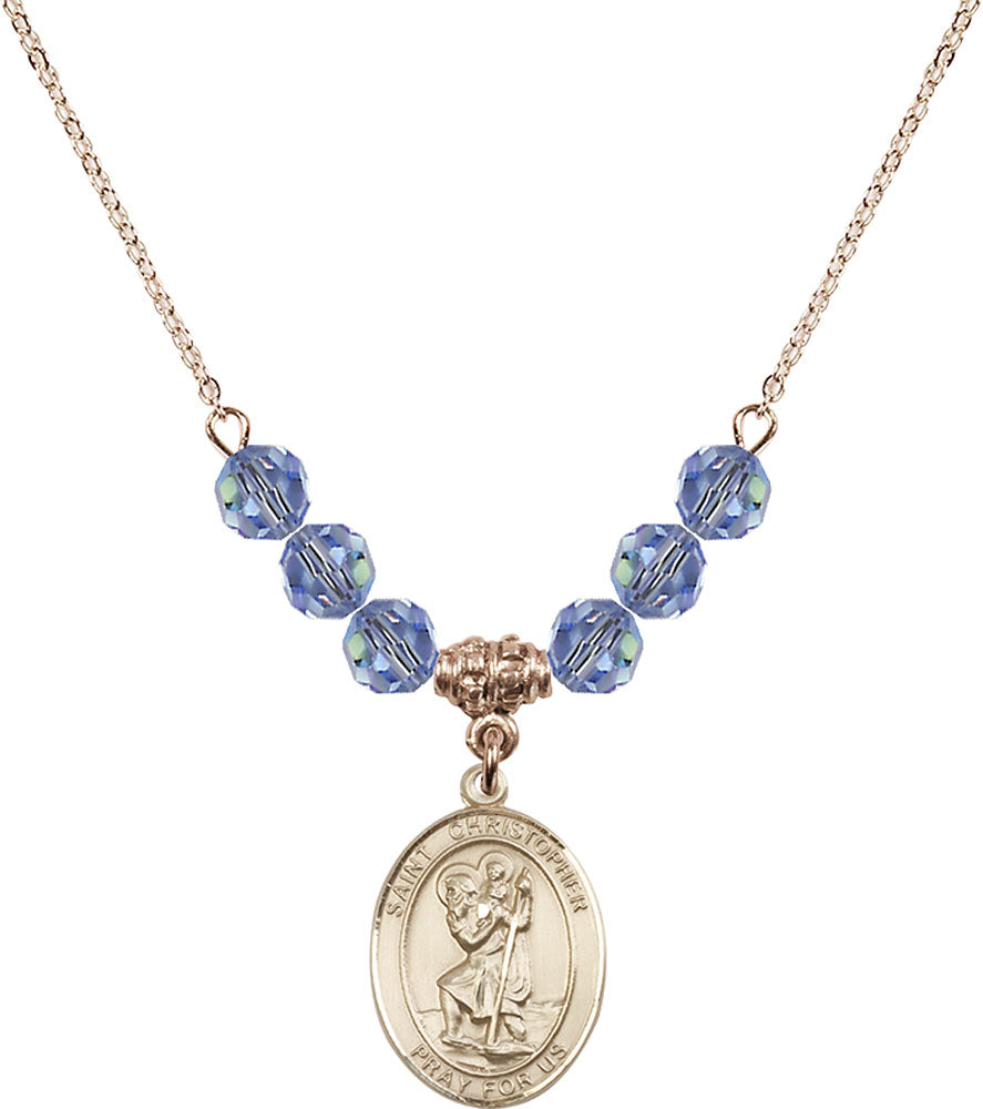 14kt Gold Filled Saint Christopher Birthstone Necklace with Light Sapphire Beads - 8022