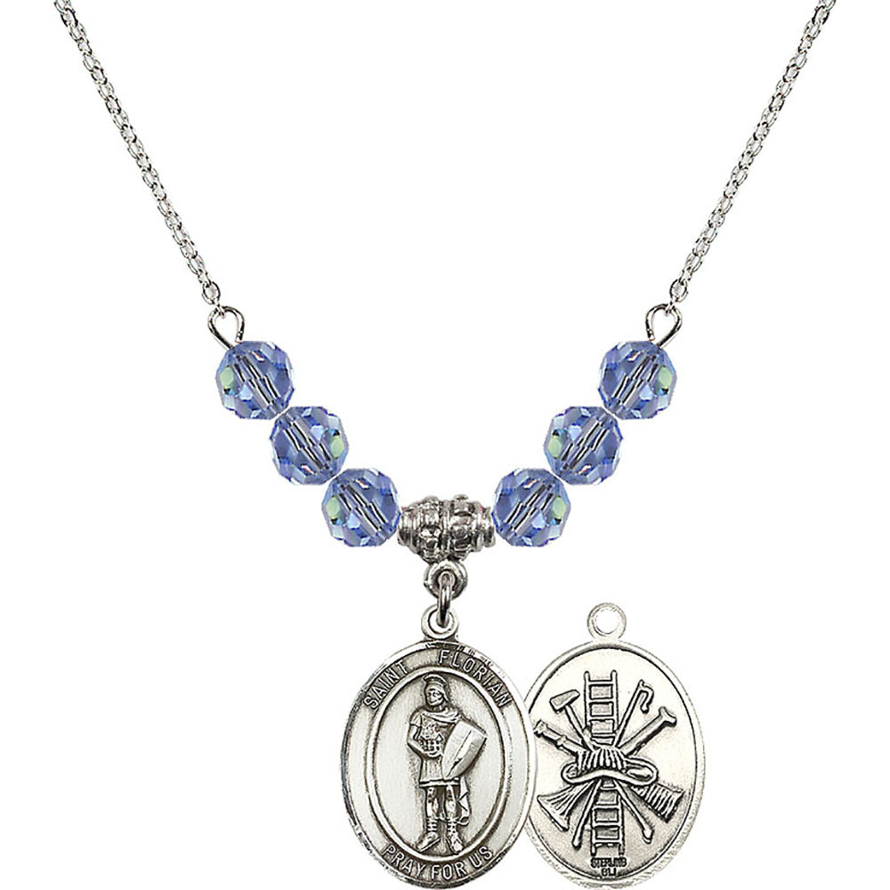Sterling Silver Saint Florian/Firefighter Birthstone Necklace with Light Sapphire Beads - 8034