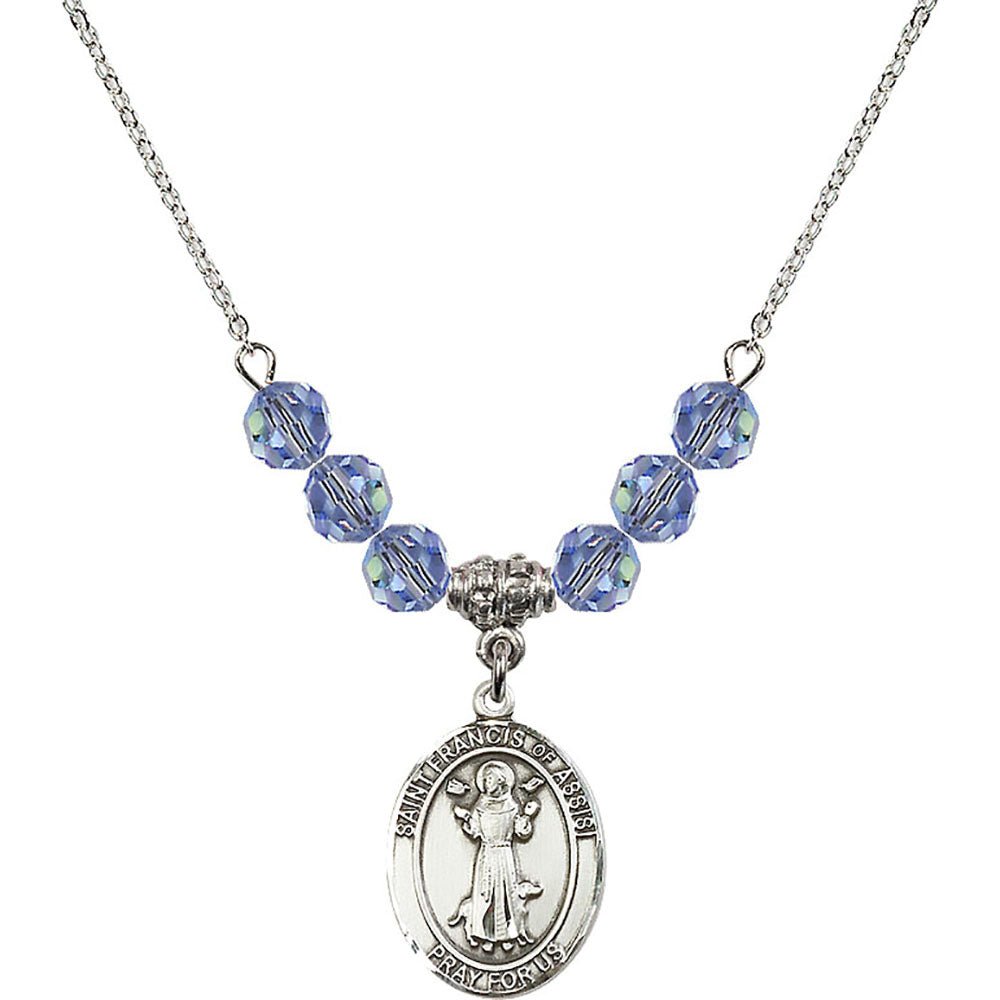 Sterling Silver Saint Francis of Assisi Birthstone Necklace with Light Sapphire Beads - 8036