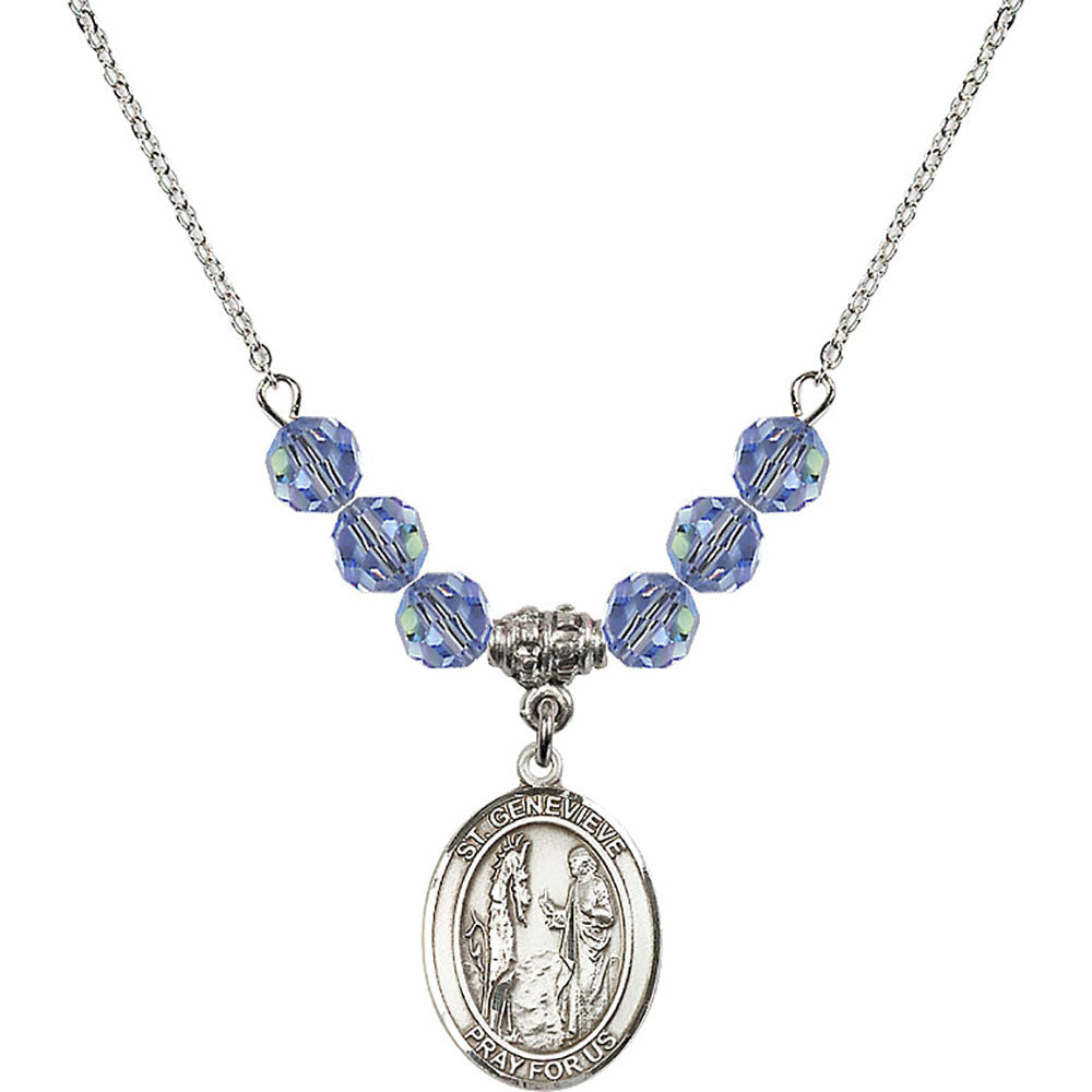 Sterling Silver Saint Genevieve Birthstone Necklace with Light Sapphire Beads - 8041