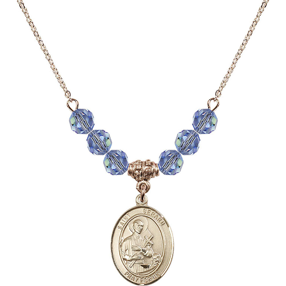 14kt Gold Filled Saint Gerard Majella Birthstone Necklace with Light Sapphire Beads - 8042