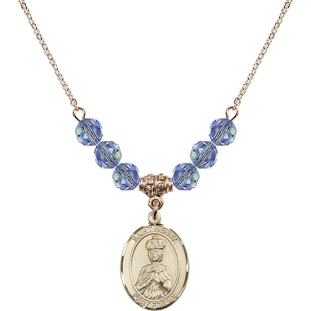 14kt Gold Filled Saint Henry II Birthstone Necklace with Light Sapphire Beads - 8046
