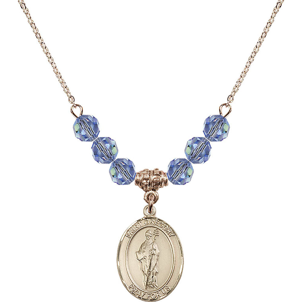 14kt Gold Filled Saint Gregory the Great Birthstone Necklace with Light Sapphire Beads - 8048