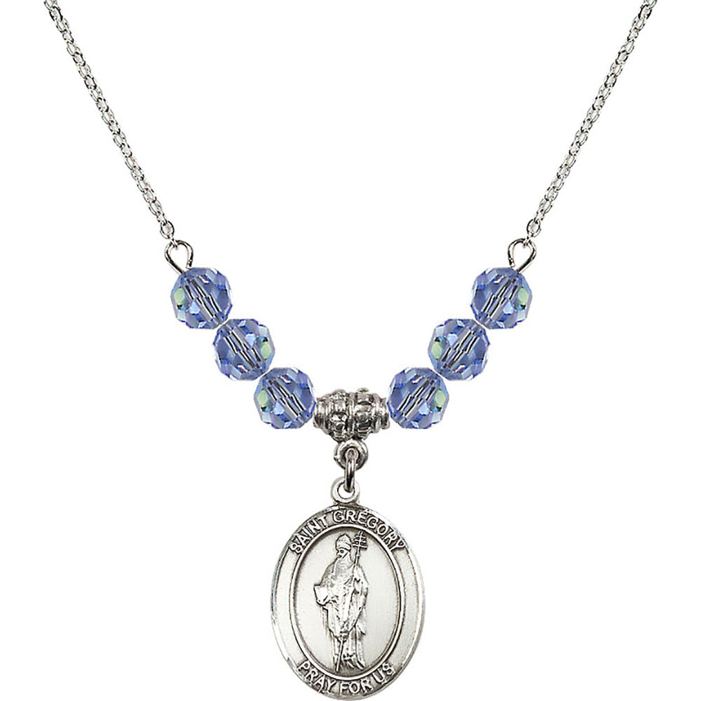 Sterling Silver Saint Gregory the Great Birthstone Necklace with Light Sapphire Beads - 8048