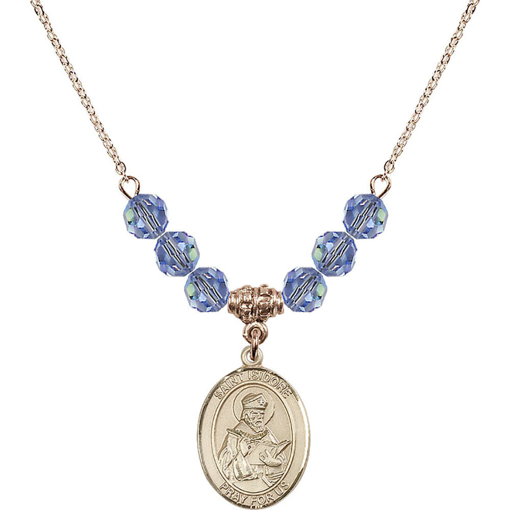 14kt Gold Filled Saint Isidore of Seville Birthstone Necklace with Light Sapphire Beads - 8049