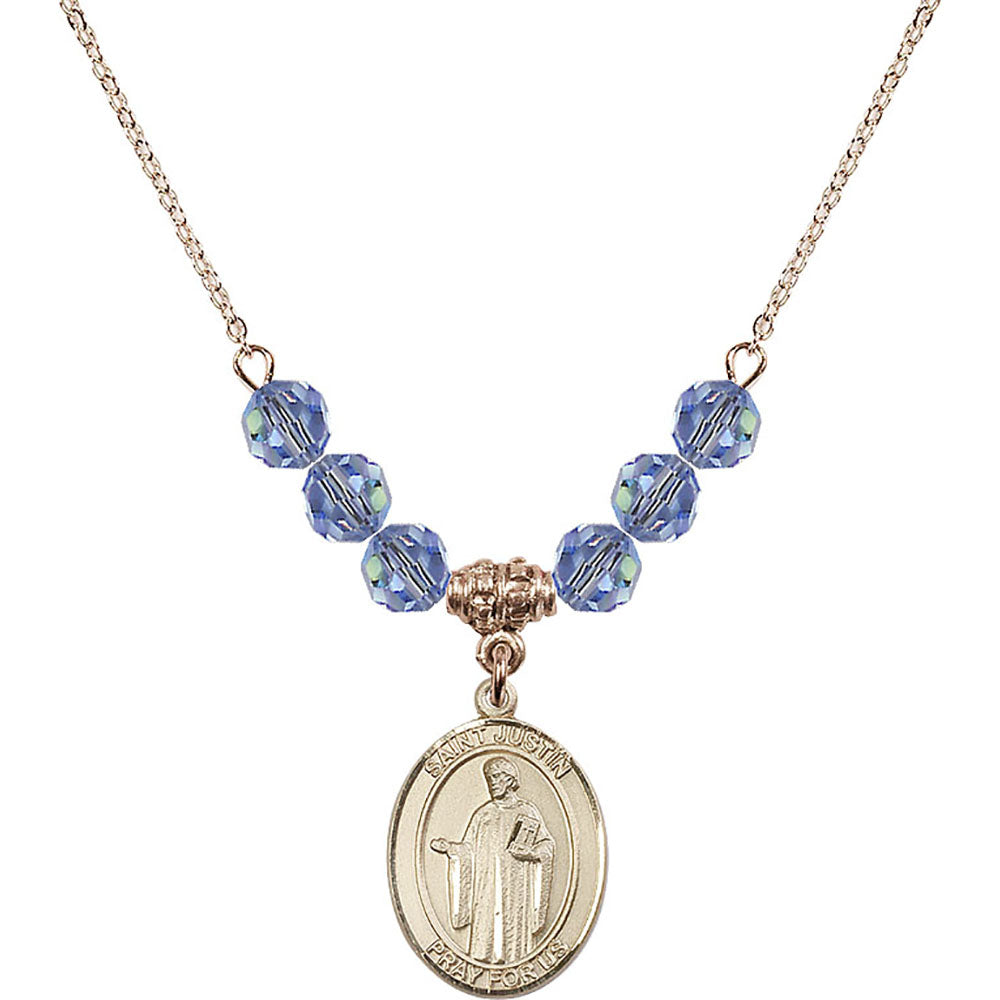 14kt Gold Filled Saint Justin Birthstone Necklace with Light Sapphire Beads - 8052