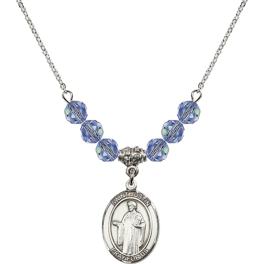 Sterling Silver Saint Justin Birthstone Necklace with Light Sapphire Beads - 8052