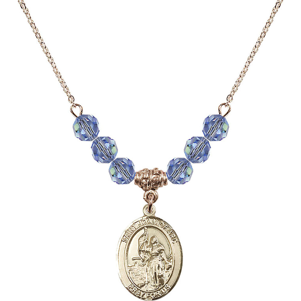 14kt Gold Filled Saint Joan of Arc Birthstone Necklace with Light Sapphire Beads - 8053