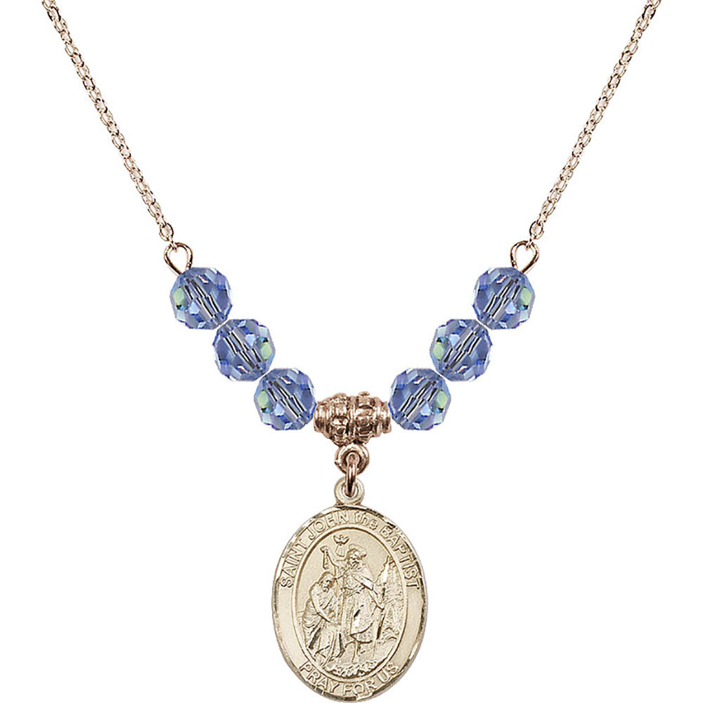 14kt Gold Filled Saint John the Baptist Birthstone Necklace with Light Sapphire Beads - 8054