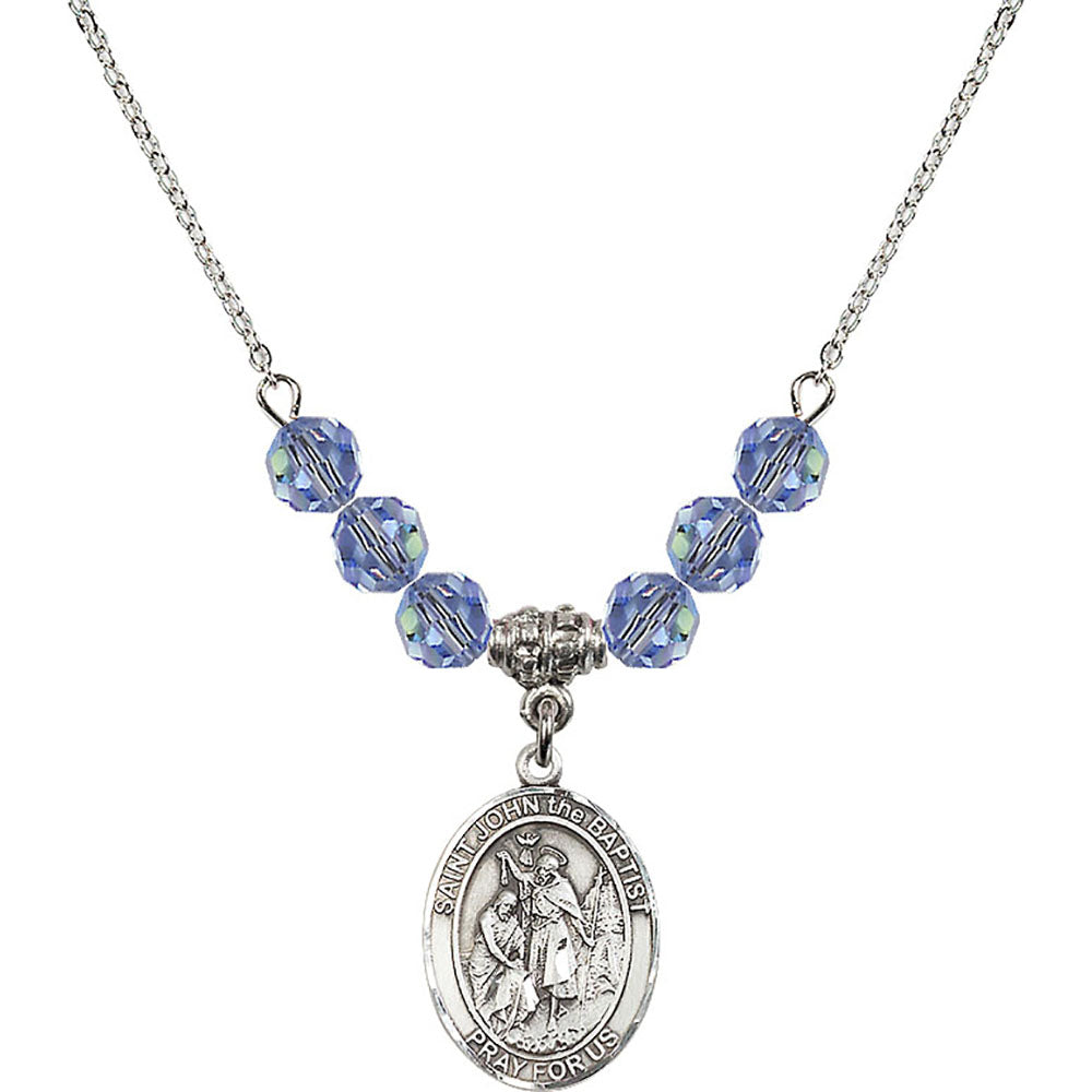 Sterling Silver Saint John the Baptist Birthstone Necklace with Light Sapphire Beads - 8054