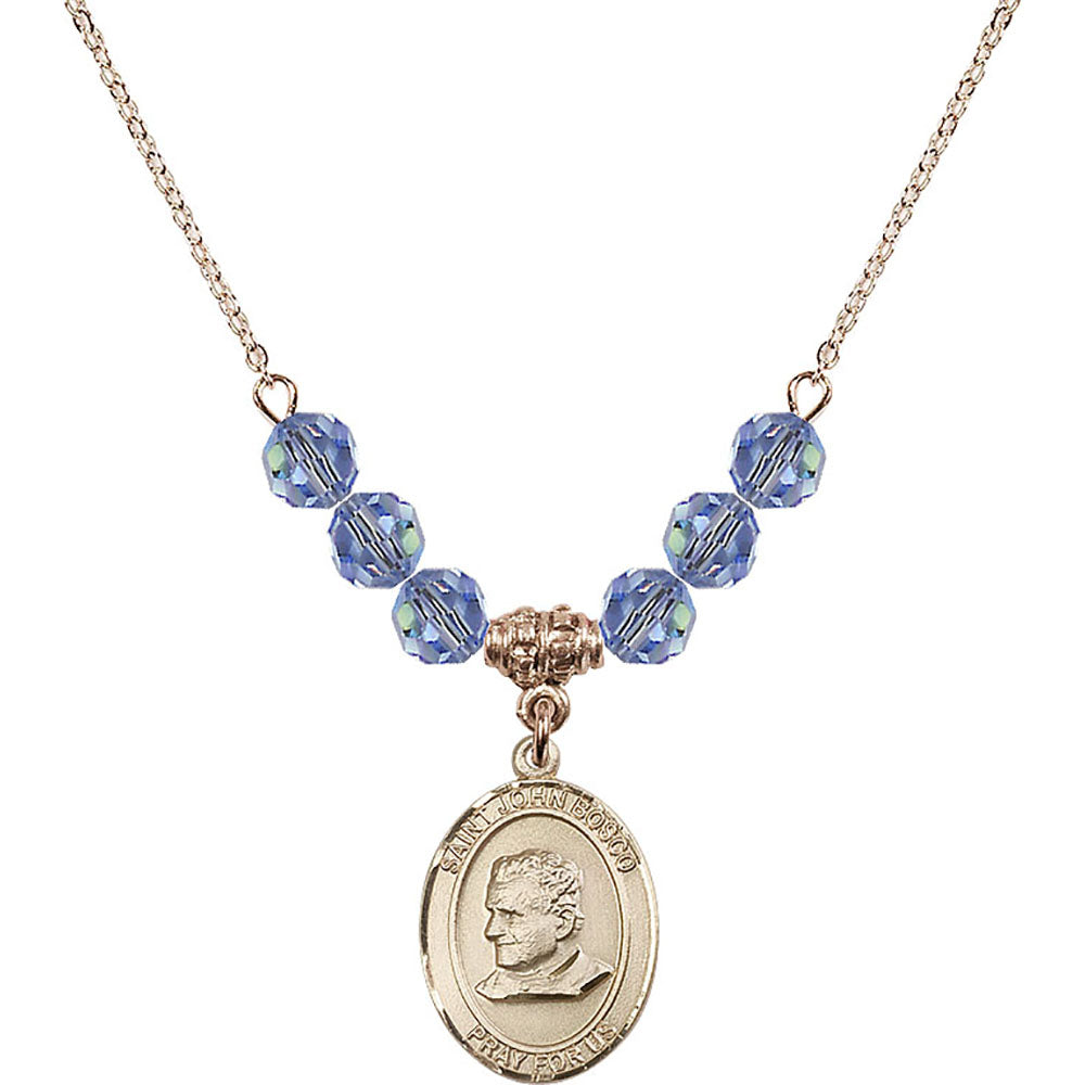 14kt Gold Filled Saint John Bosco Birthstone Necklace with Light Sapphire Beads - 8055