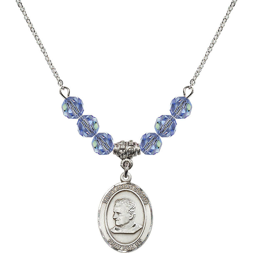 Sterling Silver Saint John Bosco Birthstone Necklace with Light Sapphire Beads - 8055