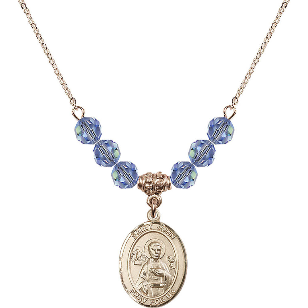 14kt Gold Filled Saint John the Apostle Birthstone Necklace with Light Sapphire Beads - 8056
