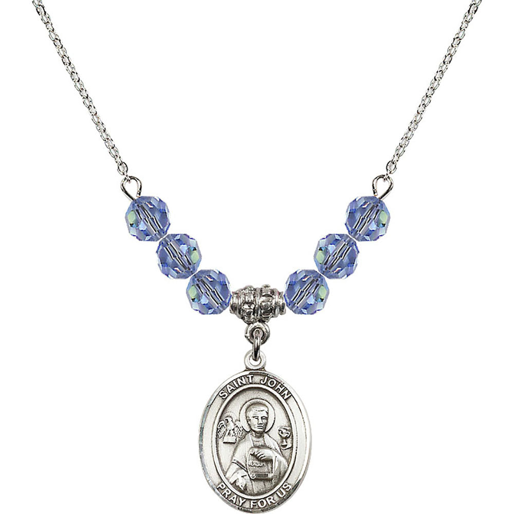 Sterling Silver Saint John the Apostle Birthstone Necklace with Light Sapphire Beads - 8056