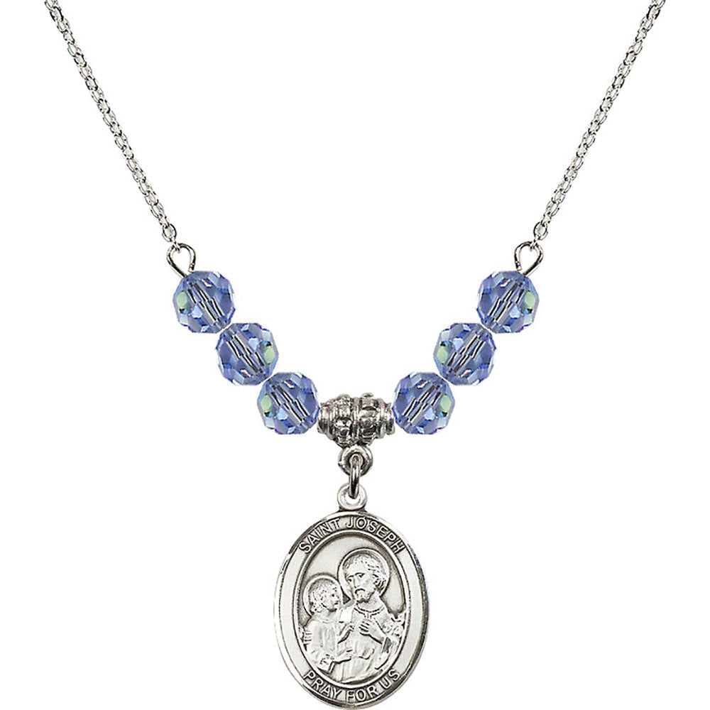 Sterling Silver Saint Joseph Birthstone Necklace with Light Sapphire Beads - 8058