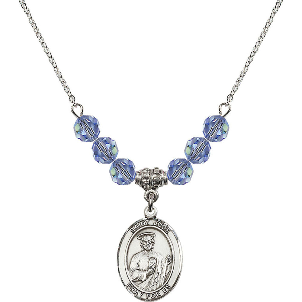 Sterling Silver Saint Jude Thaddeus Birthstone Necklace with Light Sapphire Beads - 8060