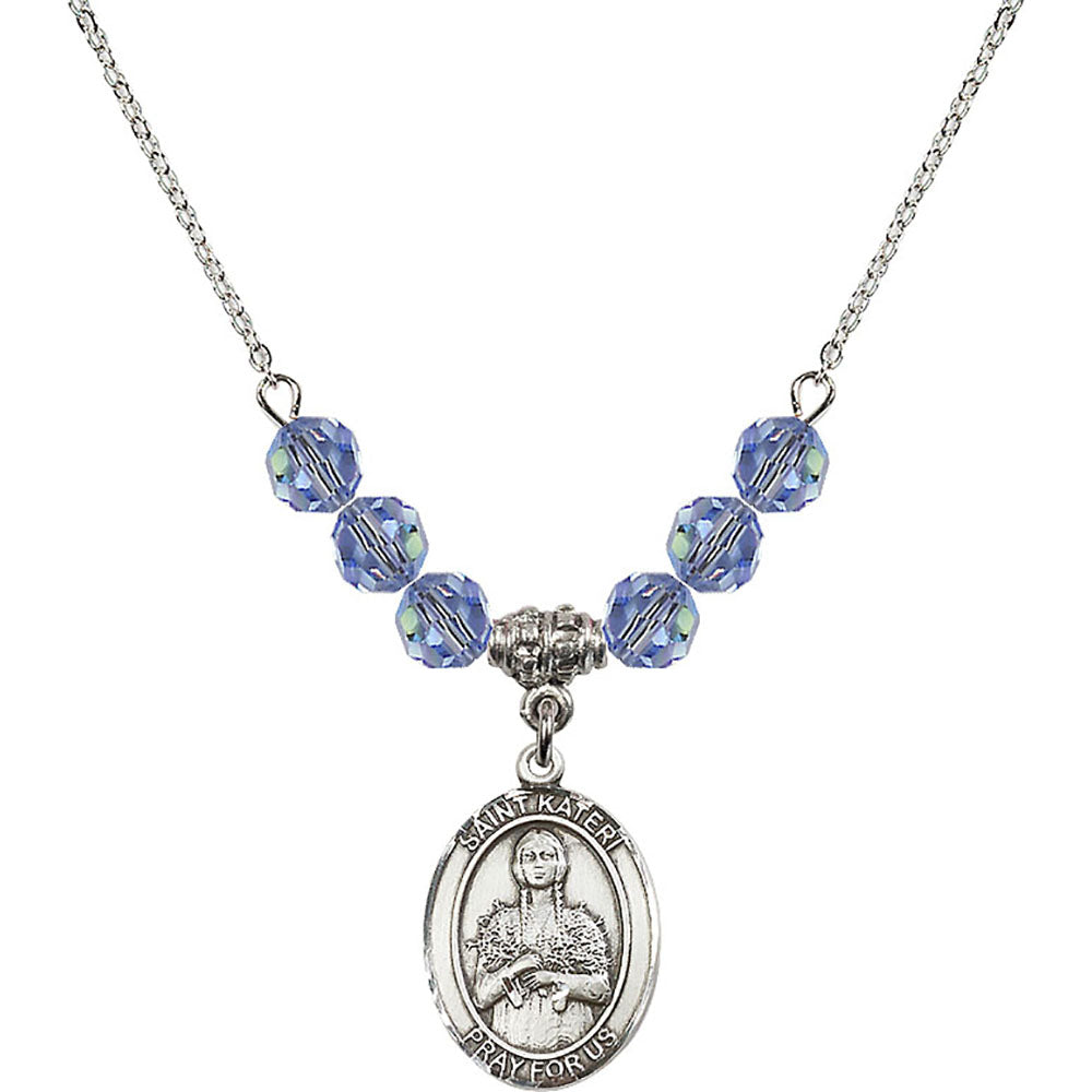 Sterling Silver Saint Kateri Tekakwitha Birthstone Necklace with Light Sapphire Beads - 8061