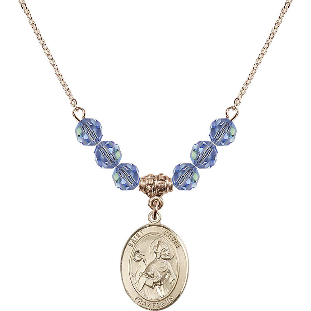 14kt Gold Filled Saint Kevin Birthstone Necklace with Light Sapphire Beads - 8062