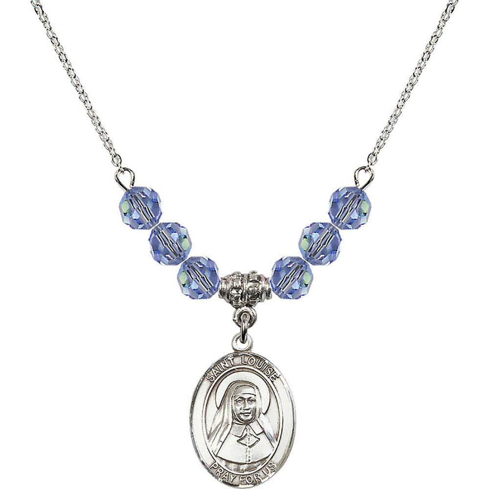 Sterling Silver Saint Louise de Marillac Birthstone Necklace with Light Sapphire Beads - 8064