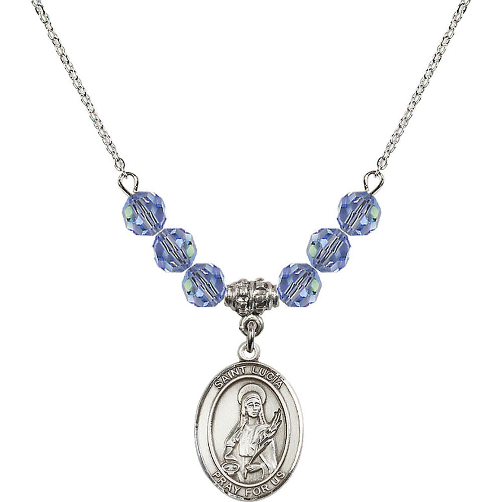 Sterling Silver Saint Lucia of Syracuse Birthstone Necklace with Light Sapphire Beads - 8065