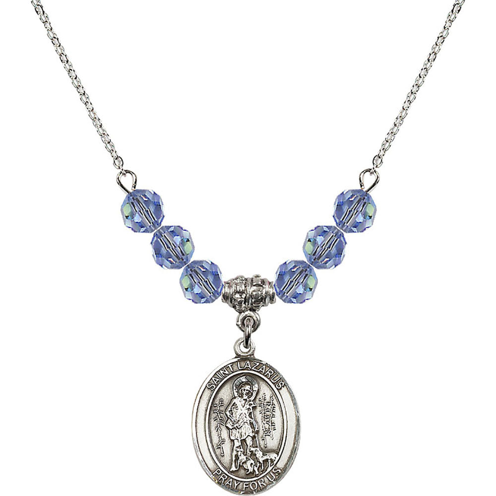 Sterling Silver Saint Lazarus Birthstone Necklace with Light Sapphire Beads - 8066
