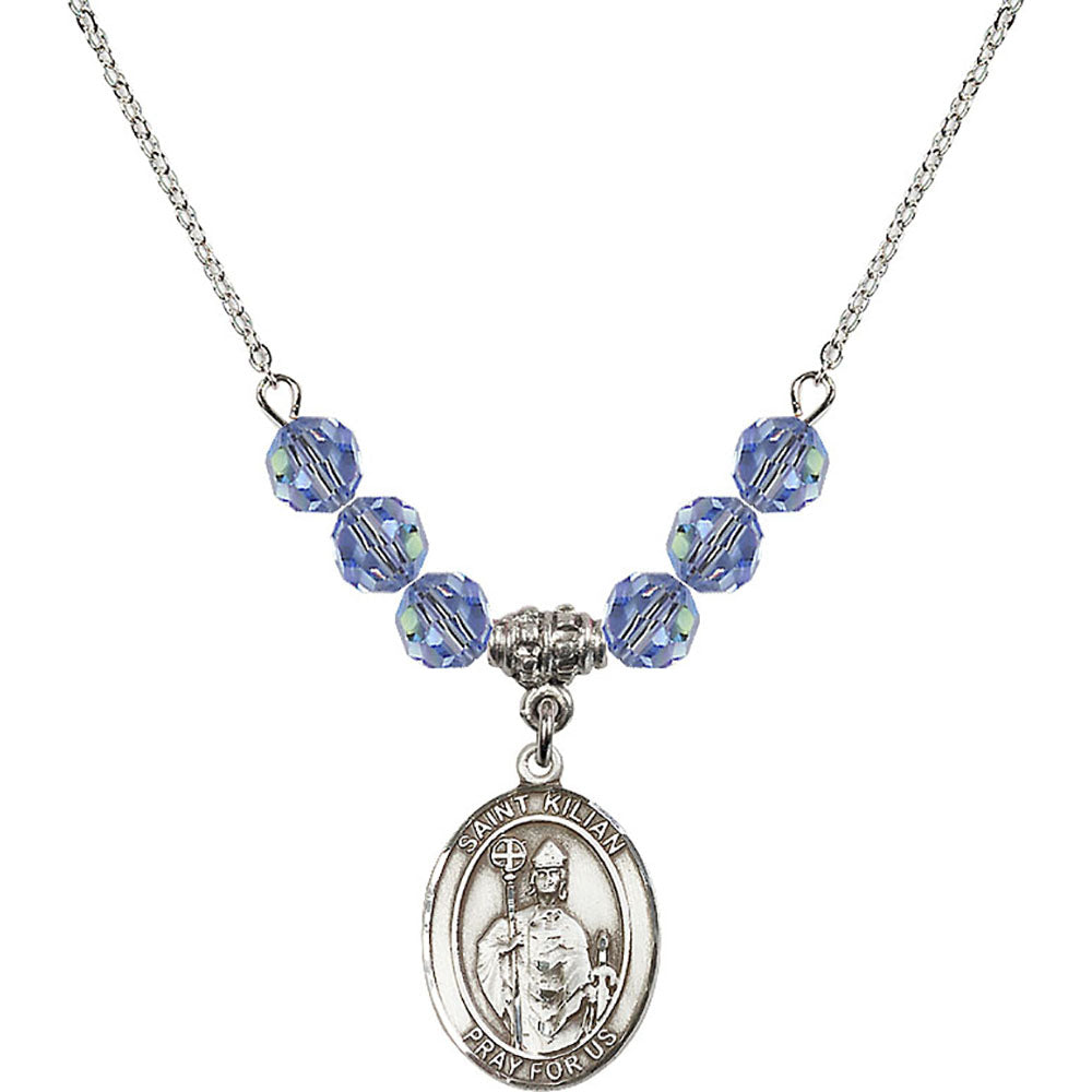 Sterling Silver Saint Kilian Birthstone Necklace with Light Sapphire Beads - 8067