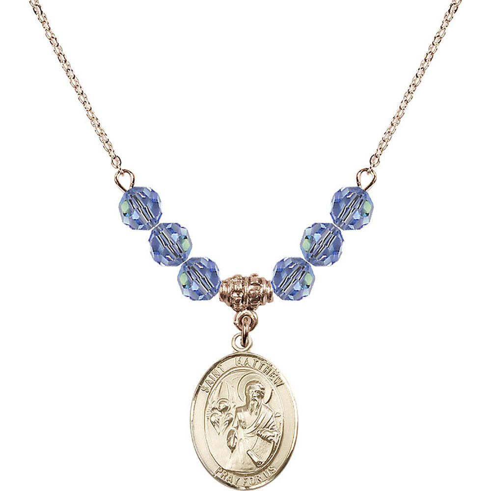 14kt Gold Filled Saint Matthew the Apostle Birthstone Necklace with Light Sapphire Beads - 8074